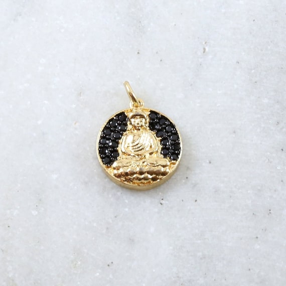 Unique Coin Black CZ Pave Buddha Ohm Gold Plated Gold Coin Yoga Buddhist Mantra Charm