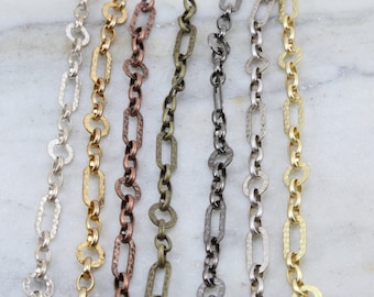 Base Metal Hammered Rectangle Circle Chain in Shiny Silver and Gold, Antique Copper, Brass, Antique Silver, Gunmetal, Matte Gold/by the Foot