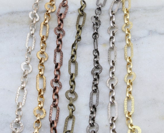 Base Metal Hammered Rectangle Circle Chain in Shiny Silver and Gold, Antique Copper, Brass, Antique Silver, Gunmetal, Matte Gold/by the Foot