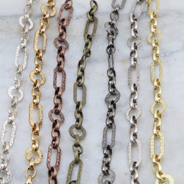 Base Metal Hammered Rectangle Circle Chain in Shiny Silver and Gold, Antique Copper, Brass, Antique Silver, Gunmetal, Matte Gold/by the Foot