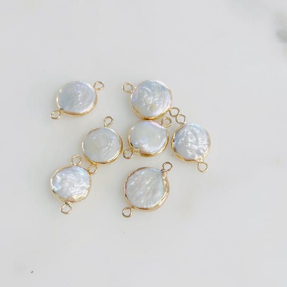 2 Loop Small Freshwater Pearl Connector, Round Gold Plated Rim, Permanent Jewelry