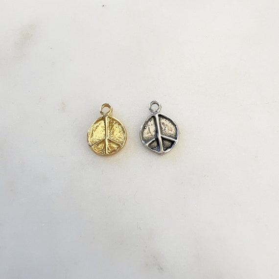 Small Organic Shaped Sterling Silver or Vermeil Gold Peace Sign Charm Hippie Love 60's Charm