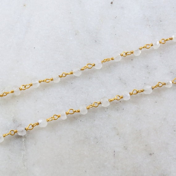 Dainty Vermeil Gold Rainbow Moonstone Rosary Beaded Wire Wrapped Chain / Sold by the Foot / Bulk Unfinished Chain /