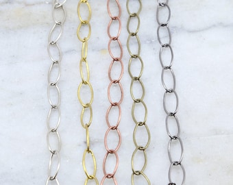 Base metal long oval chain in shiny silver, shiny gold, antique copper, antique brass, gunmetal / chain by the foot
