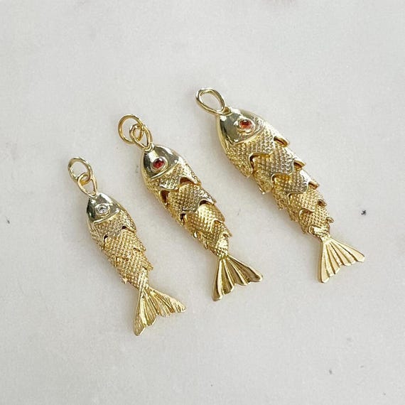 Detailed Gold Plated with Orange or Clear Cubic Zirconia Eye Moveable  Fish Pendant, Beach, Ocean Fish Charm, Animal Mammal Pedant