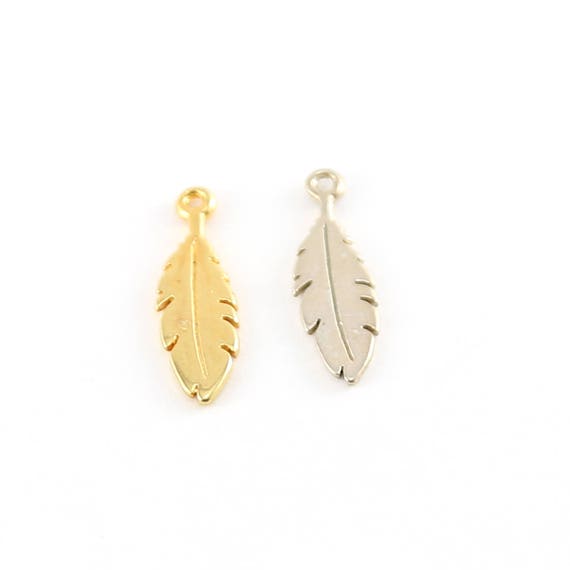 Small Flat Feather Charm in Sterling Silver or Vermeil Gold Nature Western Pendant