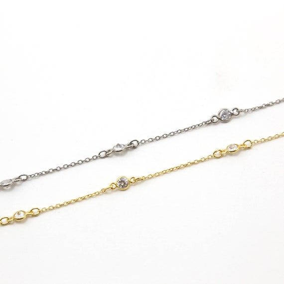 Round Tiny CZ Cubic Zirconia Stone Chain Link  in Vermeil or Sterling Silver / Bulk Unfinished Chain Sold by the Foot