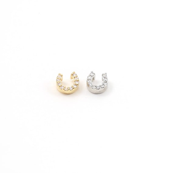 Mini Tiny CZ Pave Horseshoe Bead Charm Rhodium Plated in Silver or Gold Cubic Zirconia Little Pendant
