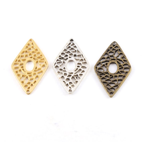 Pewter Metal Filigree Diamond Pendant Earring Component Connector 2 Hole Charm 35mm x 20mm Gold, Silver, Brass