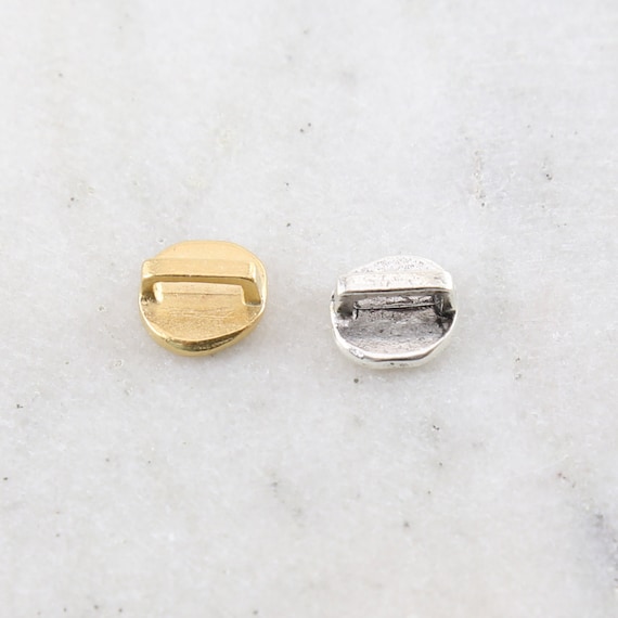 Organic Hammered Textured Button Pewter 8mm Round Circle Flat Leather Ribbon Slide Large Hole Spacer Bead in Gold or Silver