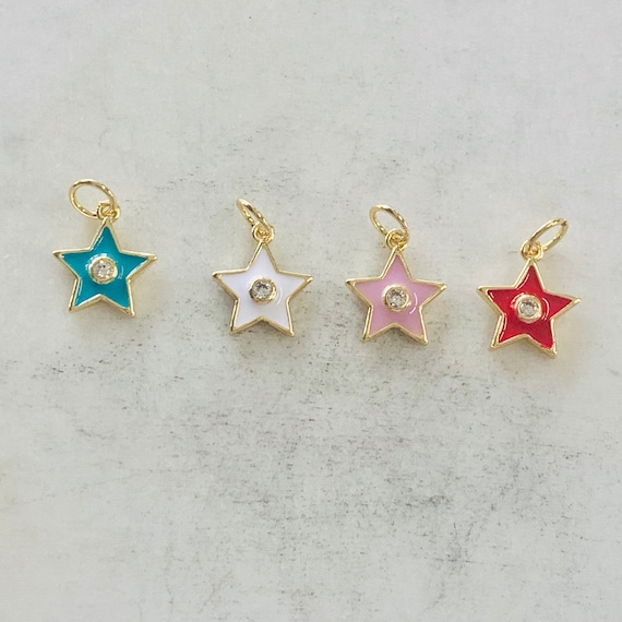 Cute Dainty Gold Plated Celestial Star Charm with CZ Turquoise, White, Pink, and Red  Unique Enamel Charm Pendant