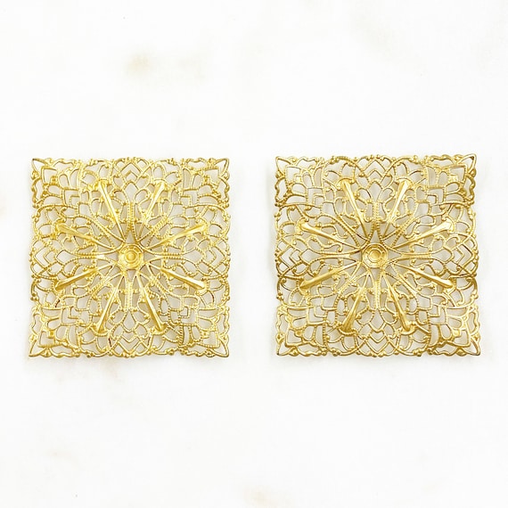 2 Piece Filigree Raw Brass Square Shaped Raised Edges Unique Jewelry Making Supplies