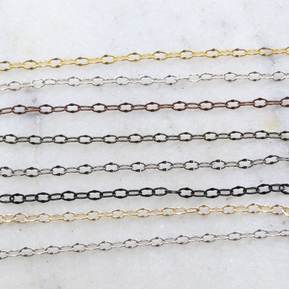 Base Metal Dainty Oval Crimped Chain in Shiny Silver and Gold, Antique Copper, Brass, Silver, Gunmetal, Matte Black/ Chain by the Foot