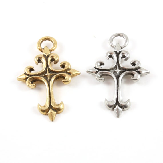 Extra Large Fleur De Lis Cross Pendant Pewter Religious Catholic 50mm x 32mm Antique Gold, Antique Silver