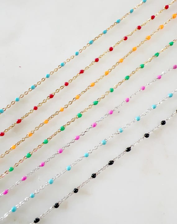 Color Enamel Beaded Chain 14k GF or Sterling Silver Satellite Flat Cable Cable Permanent Jewelry Bulk Unfinished Chain/ Sold by the Foot
