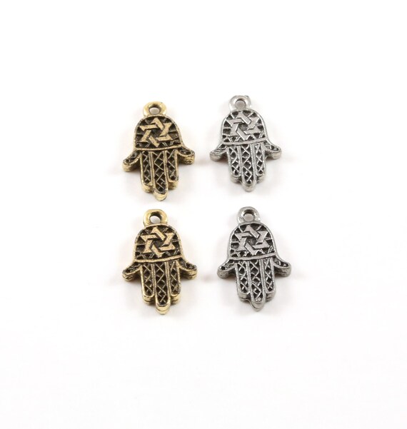 2 Pieces Solid Double Sided Hamsa with Star of David Center Pendant Charm Religious Pendant Fatima Lucky Hand 16mm x 10mm