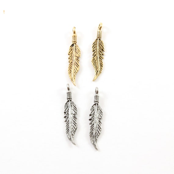 2 Pieces Pewter Pointed Minimal Modern Feather Charm Jewelry Making Supplies Necklace Pendant Antique Gold, Antique Silver