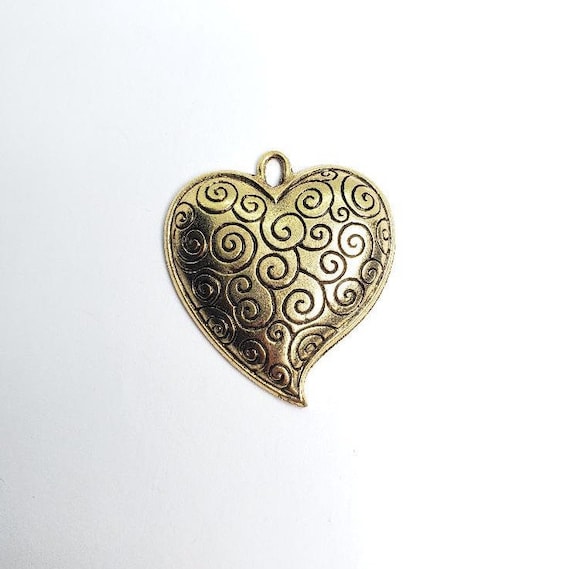 Large Heart Pewter Metal Pendant  With Curly Cue Swirl Design Domed Back 37mm x 33mm Antique Gold