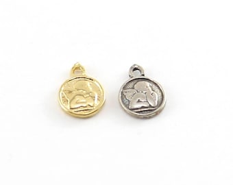 Tiny angel coin little disk charm sterling silver or vermeil gold cherub with wings religious 10mm x 7 mm