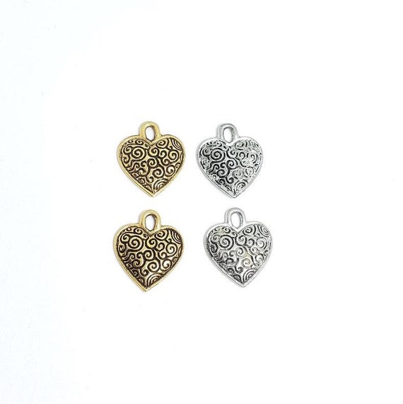 2 Pieces Pewter Heart  Swirl Design All Over With Concave Back Love Charm 15mm x 13mm Antique Gold, Antique Silver