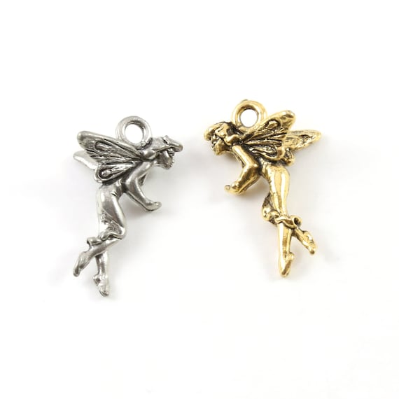 Pewter Flying Fairy Butterfly Wings Pixie Charm Bent Knee Fantasy Pendant Inspirational Pendant,  Antique gold, Antique silver