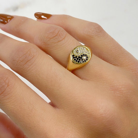 Adjustable Yin And Yang Gold Ring Ready To Wear Gold Plated CZ Pavé Yin and Yang Gem Ring