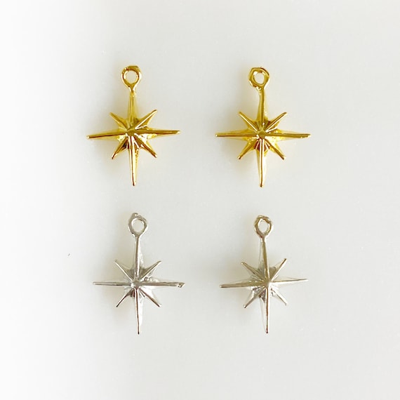 2 Pieces Small Tiny 8 Point Star Charm Dainty Vermeil or Sterling Silver Double Sided Charm Celestial Unique Charm