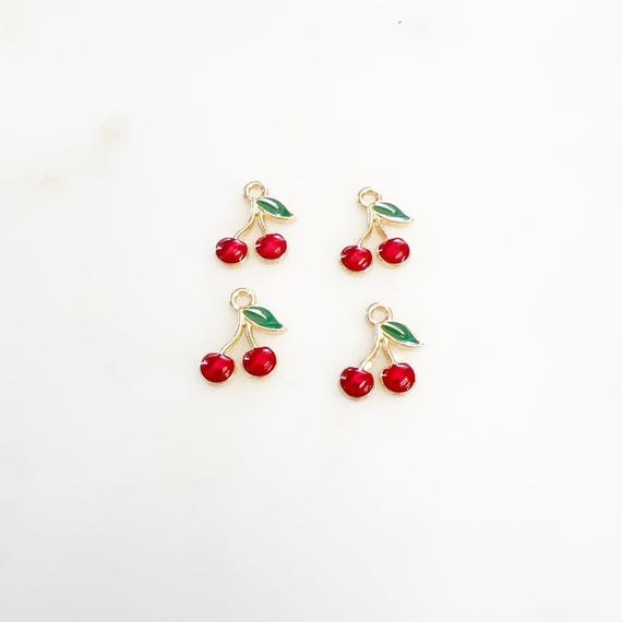 4 Pieces Mini Red Cherry Charm Juicy Fruit Charm Cute Gold Plated Enamel Charm Food Pendant Purse, Lip Gloss, Earring Charm