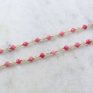 Dainty Vermeil Gold Ruby Beaded Wire Wrapped Chain / Sold by the Foot / Bulk Unfinished Chain / Red Pink Gemstone Chain July Birthstone