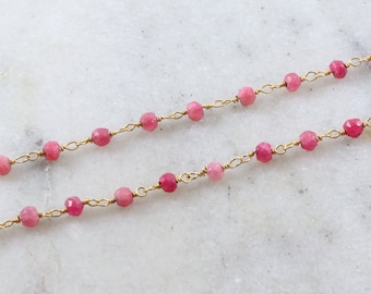 Dainty Vermeil Gold Ruby Beaded Wire Wrapped Chain / Sold by the Foot / Bulk Unfinished Chain / Red Pink Gemstone Chain July Birthstone