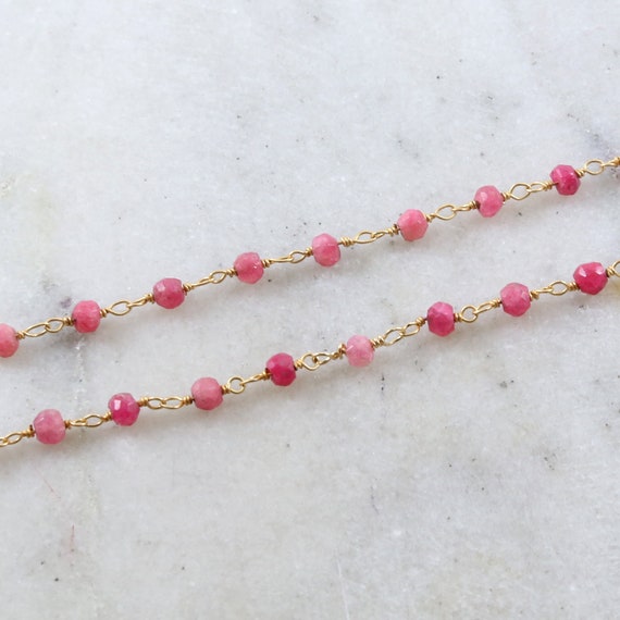 Dainty Vermeil Gold Ruby Beaded Wire Wrapped Chain / Sold by the Foot / Bulk Unfinished Chain / Red Pink Gemstone Chain July Birthstone