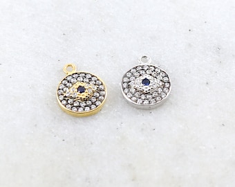 Round Pave CZ Evil Eye Protector Pendant in Oxidized Sterling Silver or Vermeil Gold Necklace Bracelet Charm Religious Pendant