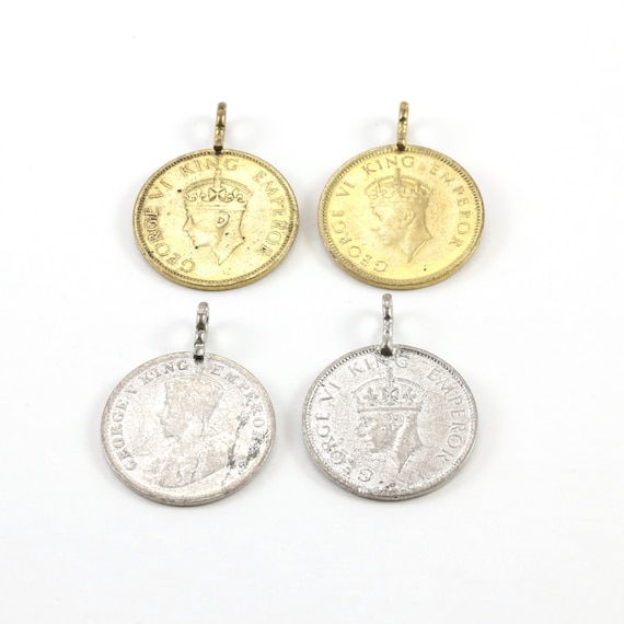 2 Pieces George VI King Emperor One Quarter Anna India 1939 Coin Symbol Pendant Coin Medallion Pewter Charm Antique Gold or Antique Silver