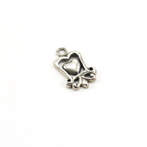 Unique Whimsical Curly Frame Heart Charm in Sterling Silver Love Sisters Mother Daughter Pendant