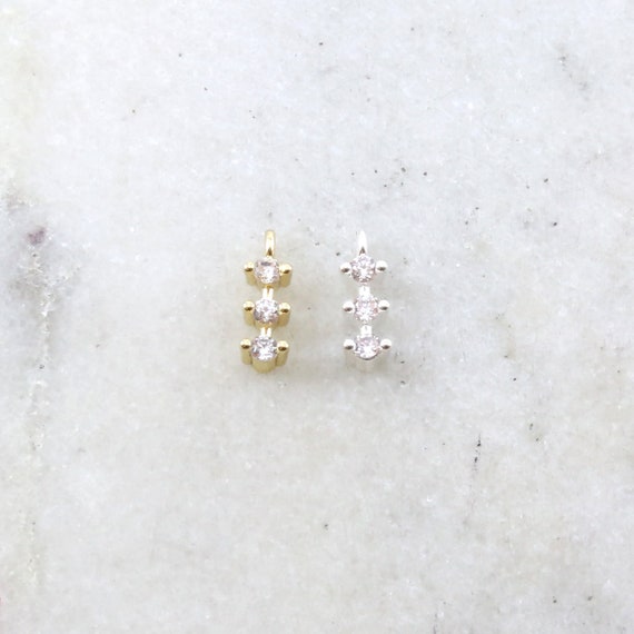 Dainty Tiny CZ Trio Bar Pave CZ Small Drop Charm Cubic Zirconia Rhodium Plated Pendant in Gold and Silver