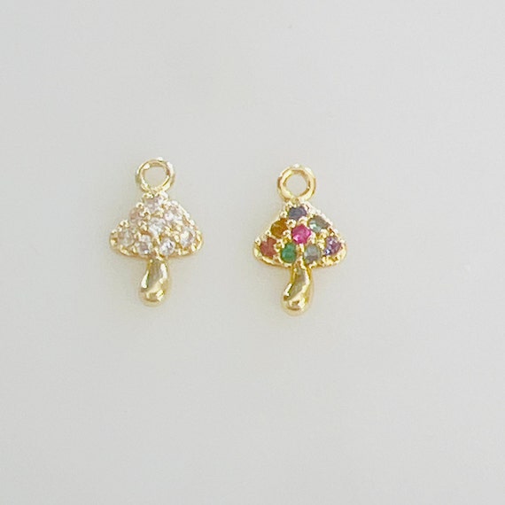 Cute Teeny Tiny Clear or Muti Cubic Zirconia Mushroom Charm Gold Plated  Mushroom Jewelry Making Charm