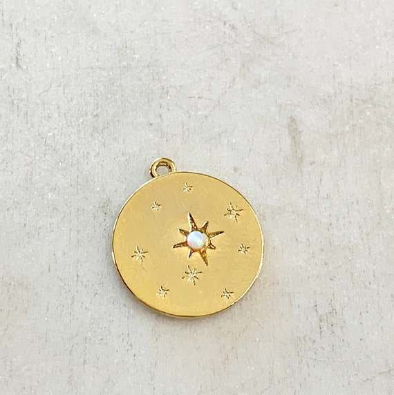 Starry Night Charm 16mm- Rhodium Plated Gold Charm Pendant Celestial Jewelry Gold Coin Pendant, Zodiac Charm Stamped Disc Opal