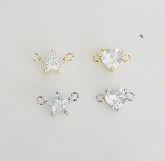 Star or Heart Cubic Zirconia Connector Charm Pendant 2 Loop Gold Plated or Rhodium Plated Permanent Jewelry Celestial, Love Pendant