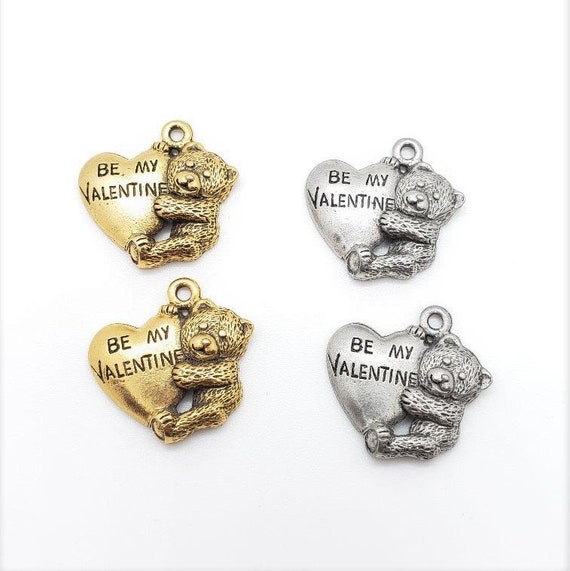 2  Pewter Metal "Be My Valentine" Heart Bear Charm/Pendant, Antique Gold, Antique Silver