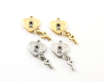 2 Pieces Pewter Simple Heart Pad Lock with Key Valentines Day Key Charm Jewelry Making Supplies Necklace Antique Gold, Antique Silver
