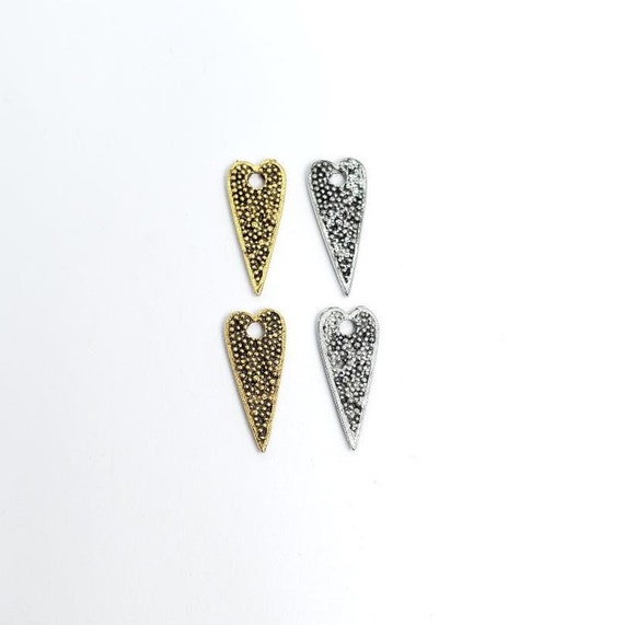 2 Pieces Pewter Long Dotted All Over Heart Pendant Double Sided in Antique Gold and Antique Silver