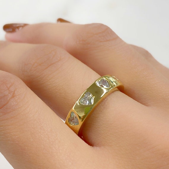 Adjustable Thick Gold Heart Ring Ready To Wear Gold Plated CZ Pavé Love And Friendship Ring