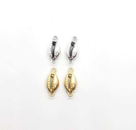1 Pewter Silver or Gold Tiger Cowrie Shell Connector Ocean Nautical Charm, Pendant, Necklace, 2 Loop