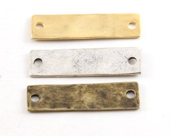 Pewter Metal Hammered 36mm x 10mm Stamping Blank Double Hole Rectangle Horizontal Connector Bar Silver, Gold, Antique Brass