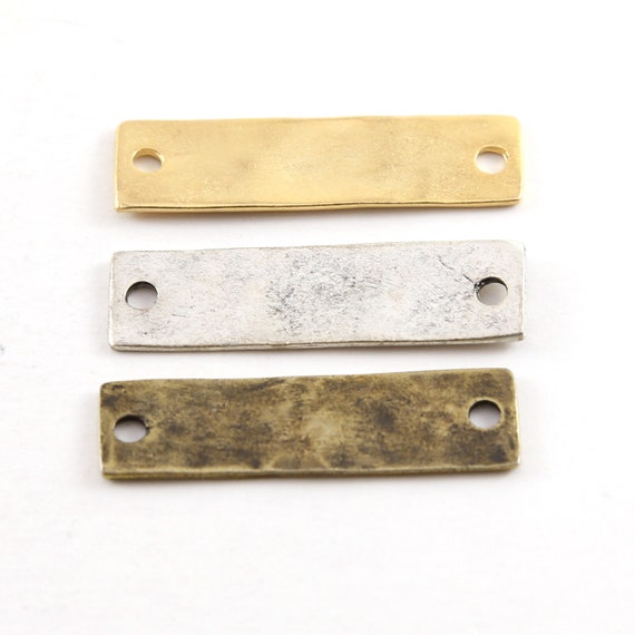 Pewter Metal Hammered 36mm x 10mm Stamping Blank Double Hole Rectangle Horizontal Connector Bar Silver, Gold, Antique Brass