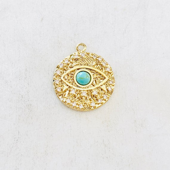 Evil Eye Coin Turquoise Gold Round 20mm Turquoise Stone Evil Eye Gold Plated CZ Drop Charm Cubic Zirconia Protector Charm