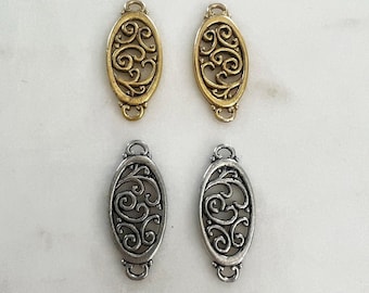 2 piece detailed filagree connector charm pewter metal charm in antique gold or antique silver