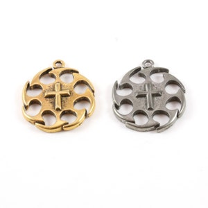 Extra Large Cross Circle Jagged Edges Pewter Base Metal Cross Coin Charm Pendant Religious Spiritual Catholic Christianity Necklace Charm