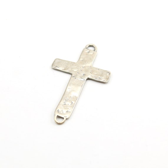 Sterling Silver Large Hammered Textured Horizontal Flat Cross Connector Link Charm Pendant Religious Spiritual Catholic Pendant