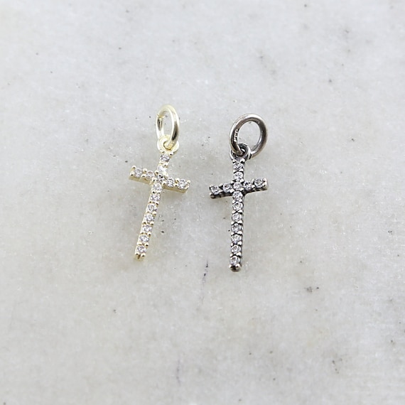 Long Oxidized Sterling Silver or Vermeil CZ Cross Religious Charm Pendant Skinny Cross Charm 16mm x 7mm